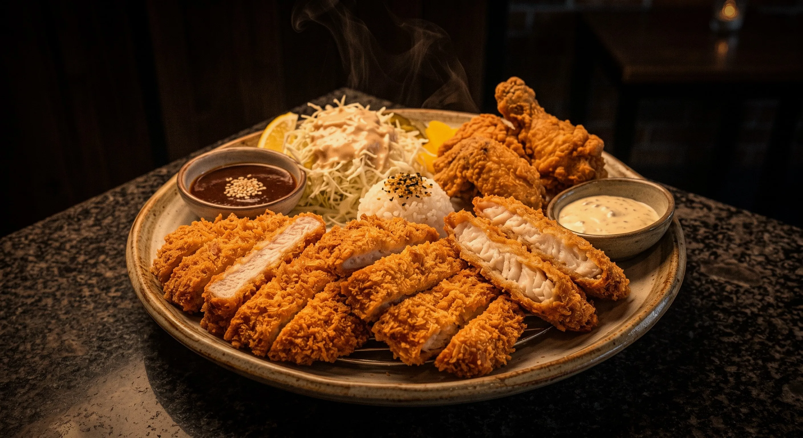 Escalopes panées de porc et de poisson, poulet frit et leurs sauces